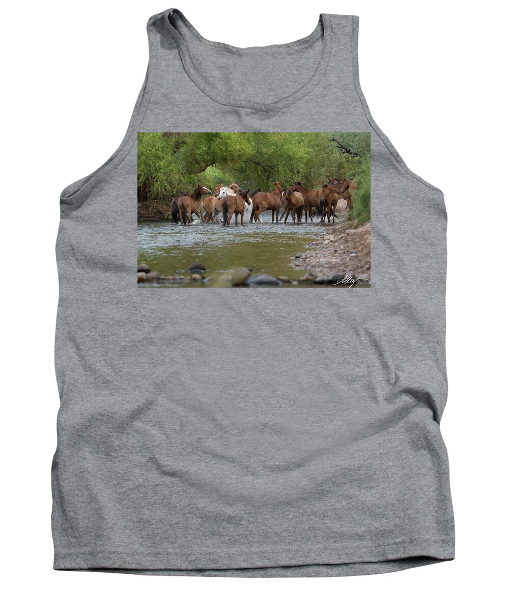 Wild Horses Tank Top featuring the photograph White Stallion Charging Through by Meg Leaf