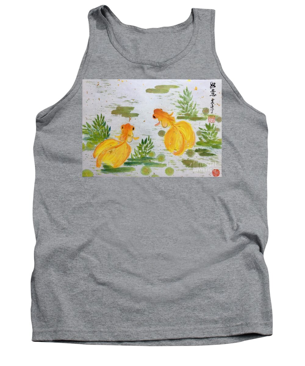 Golden Fishes Tank Top featuring the painting Wishful - 4 by Carmen Lam