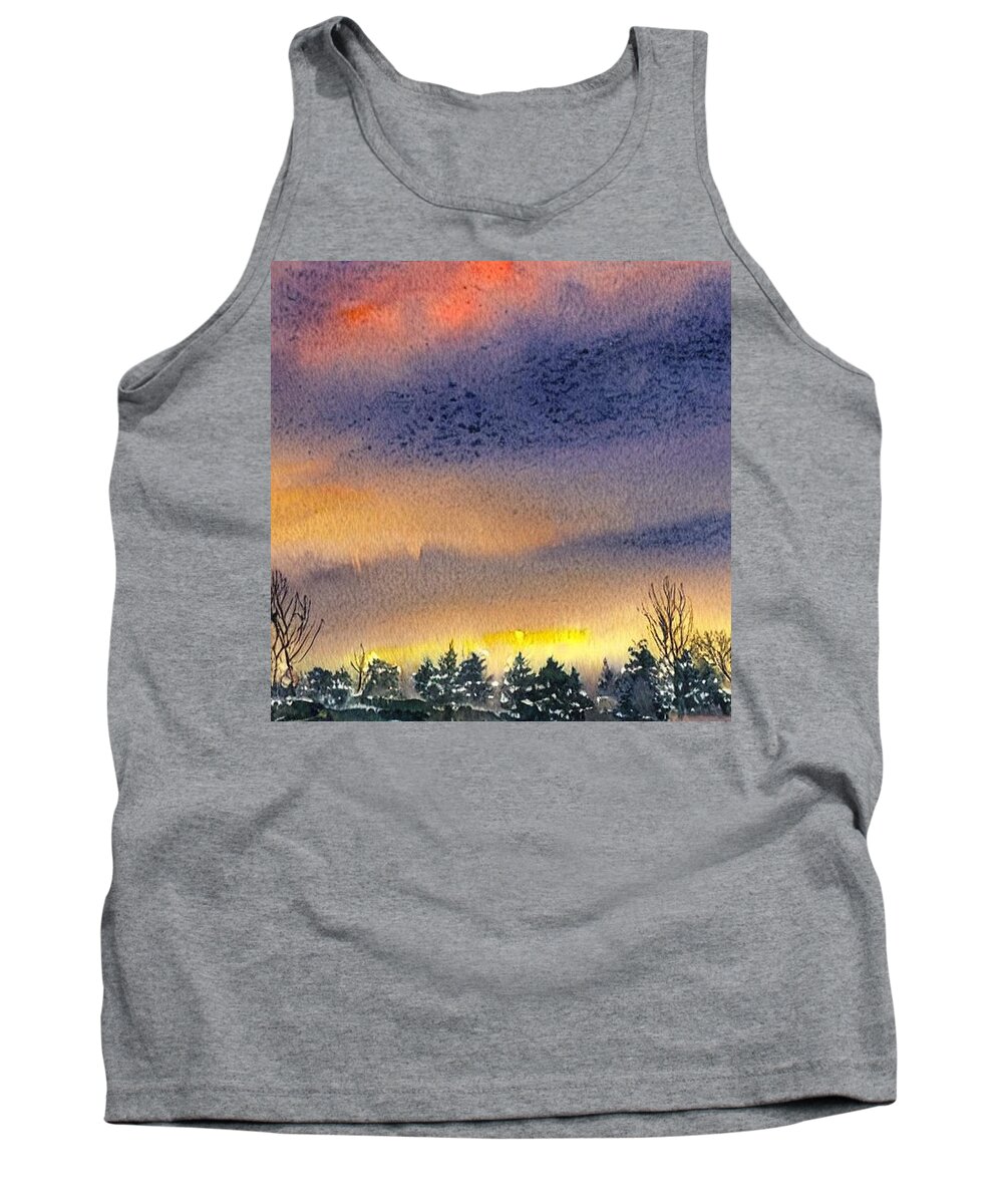 Pequannock Tank Top featuring the painting Woodland Lake, Pequannock New Jersey, Winter Sunset by Christopher Lotito