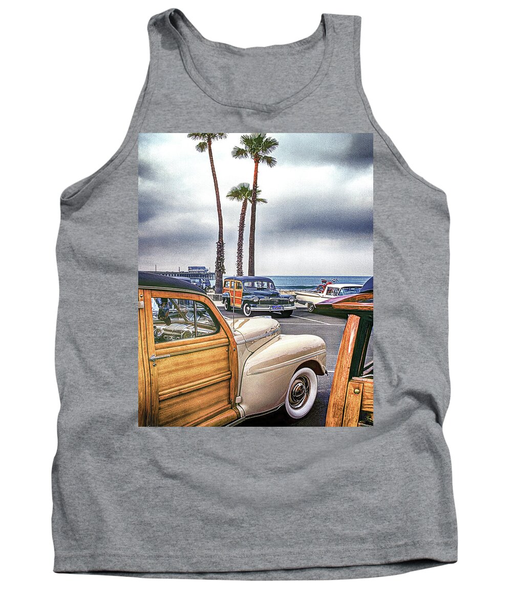 Pier Tank Top featuring the photograph WOODIES AT THE PIER, Newport Beach, California by Don Schimmel