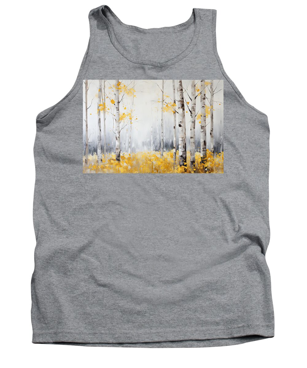 Yellow Tank Top featuring the painting Yellow and Gray Birch Trees by Lourry Legarde