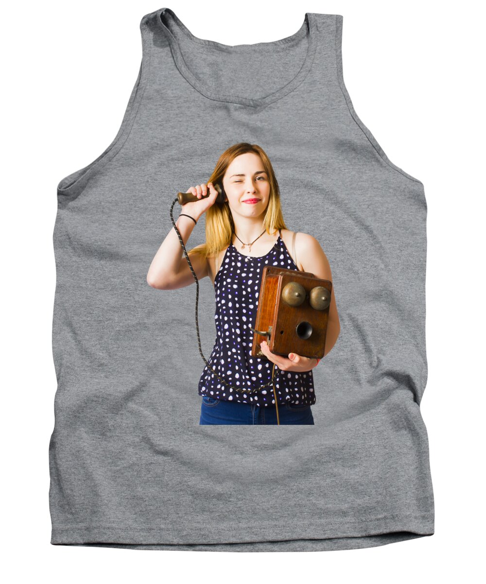 Telephone Tank Top featuring the photograph Young telephonist phoning using old vintage phone by Jorgo Photography