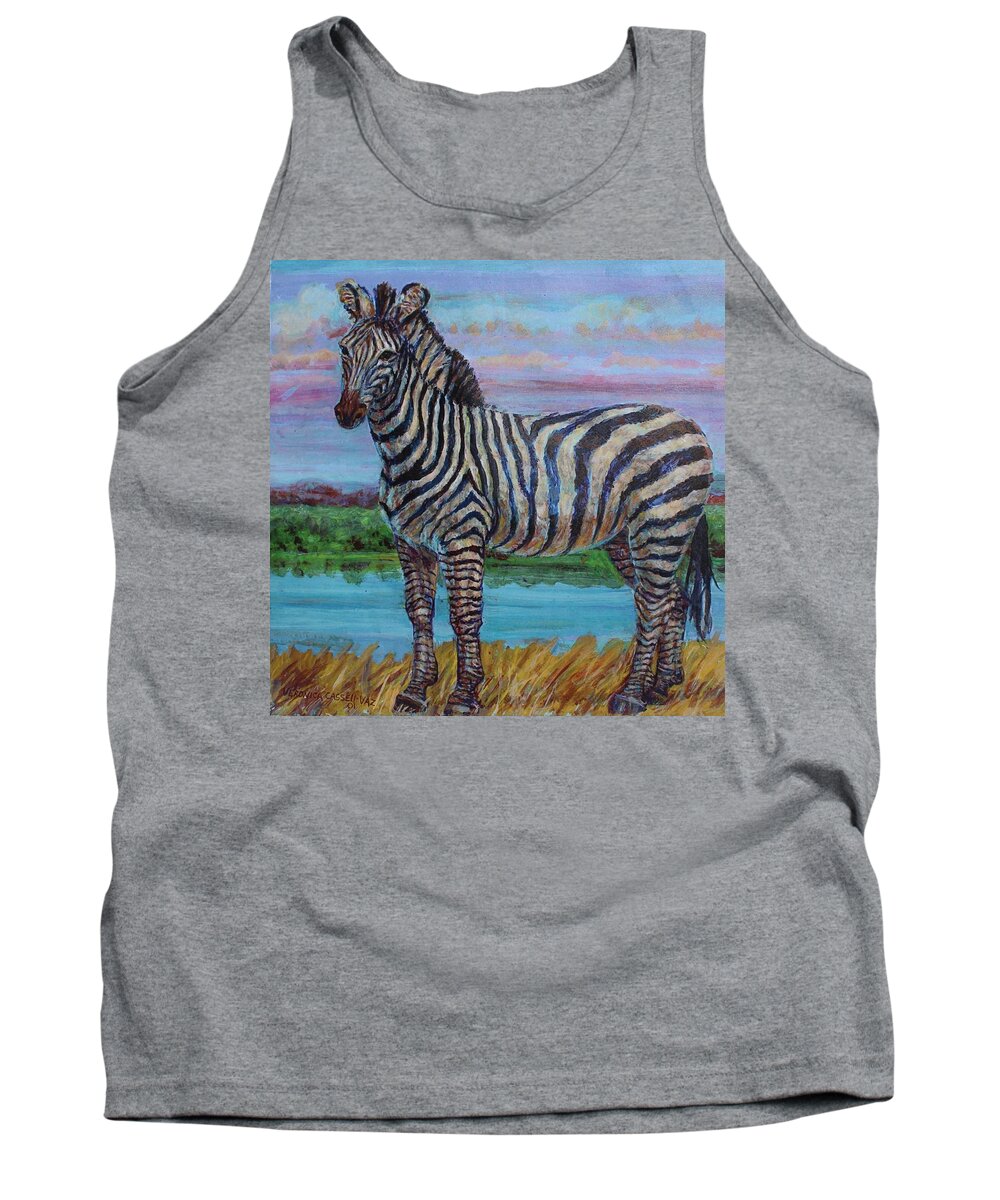 Animal Tank Top featuring the painting Zebra At The Waterhole by Veronica Cassell vaz