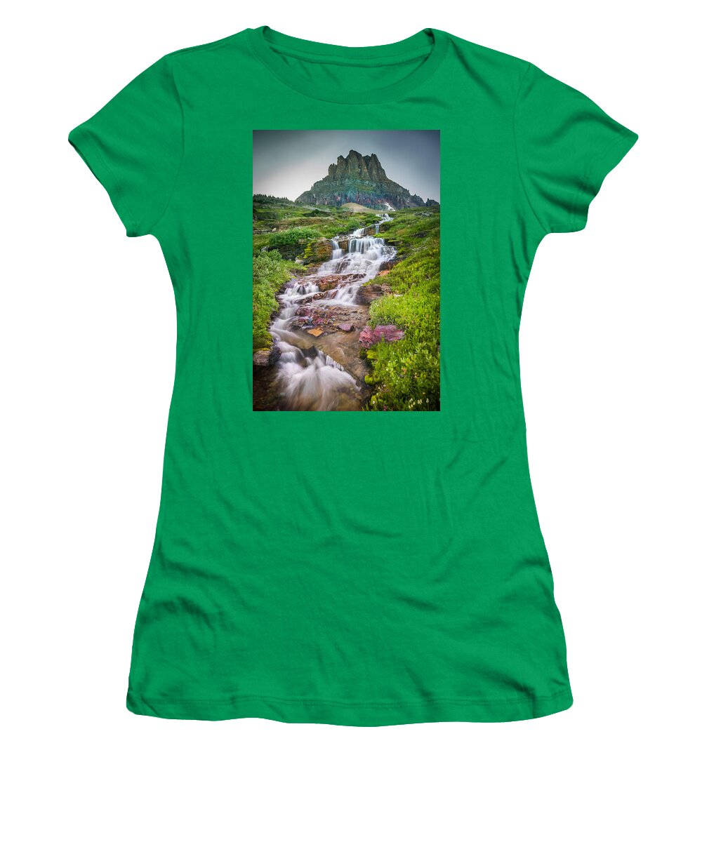 Glacier National Park Women's T-Shirt featuring the photograph Triple Falls Stream Glacier National Park X100 by Rich Franco