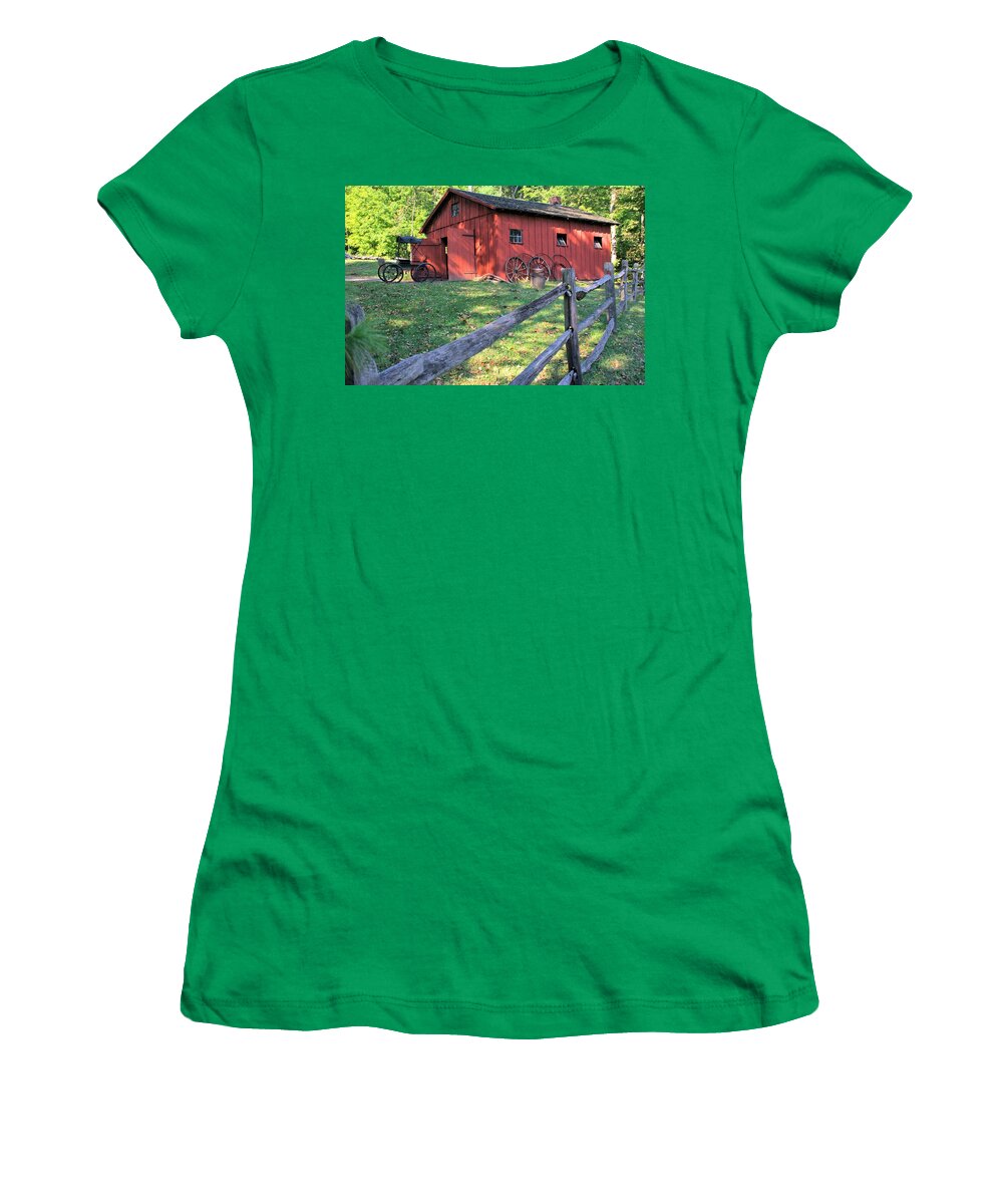 5399 Women's T-Shirt featuring the photograph Amish Barn Along a Fenceline by Gordon Elwell