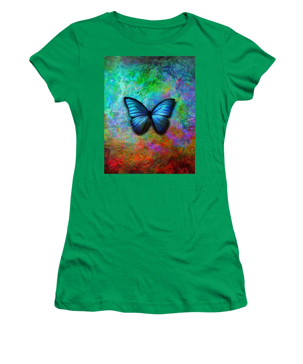 Blue Butterfly Women's T-Shirt featuring the digital art Blue Butterfly on colorful background by Lilia D
