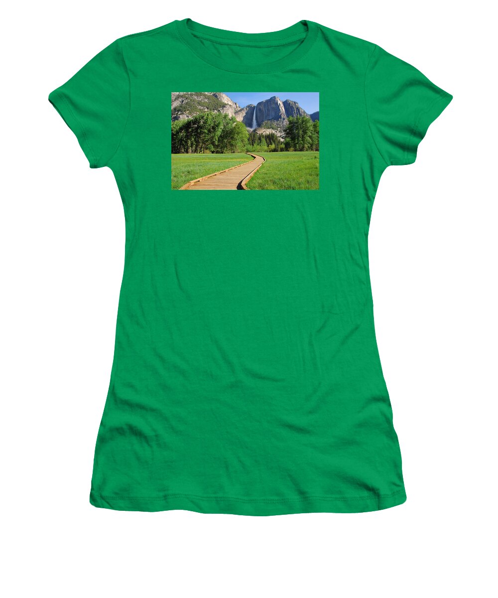 Yosemite National Park Women's T-Shirt featuring the photograph Boardwalk to Yosemite Falls by Lynn Bauer