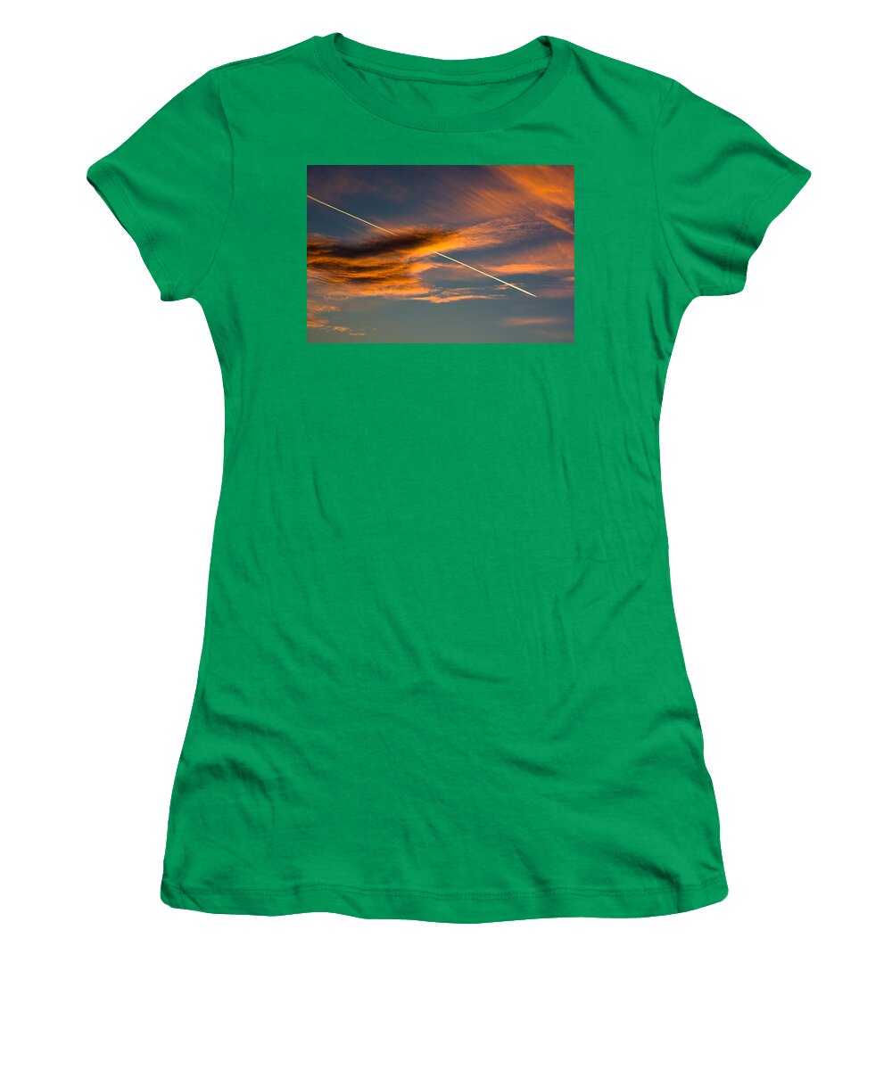 Airplane Women's T-Shirt featuring the photograph Cloudy Evening Sky With Airplane by Andreas Berthold