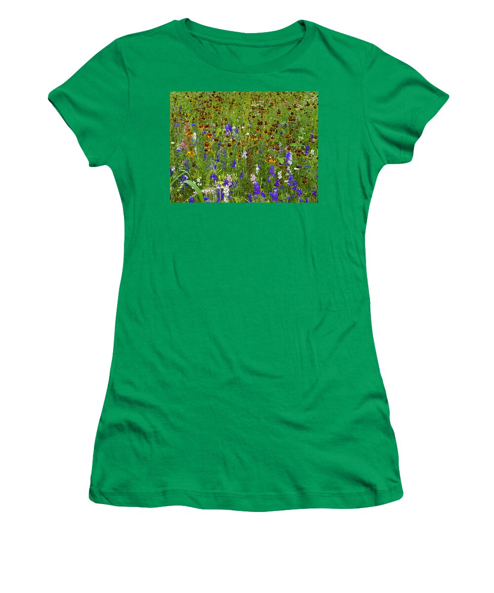 Feb0514 Women's T-Shirt featuring the photograph Delphinium And Mexican Hat Flowers by Tim Fitzharris