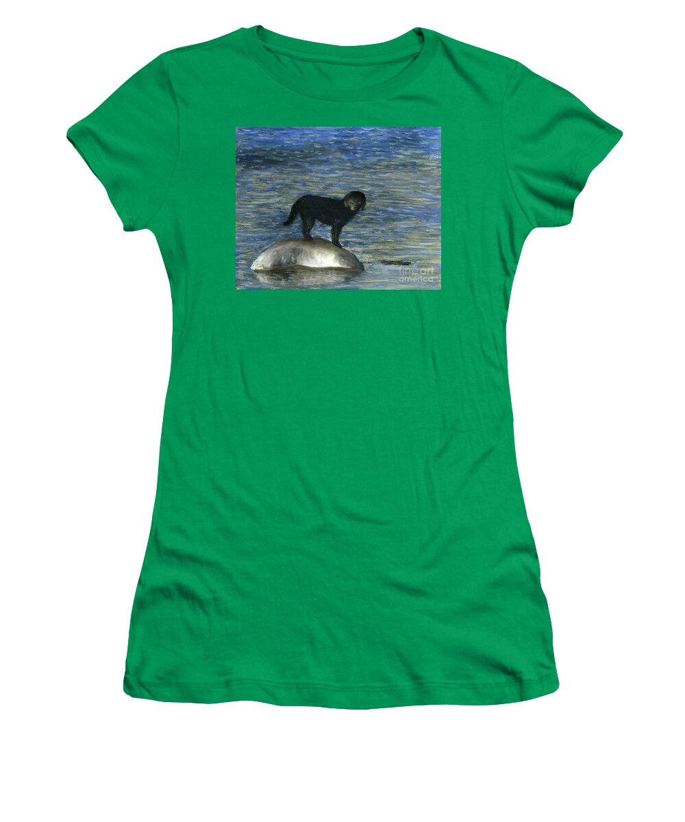 Black Dog Women's T-Shirt featuring the painting Fetch by Ginny Neece