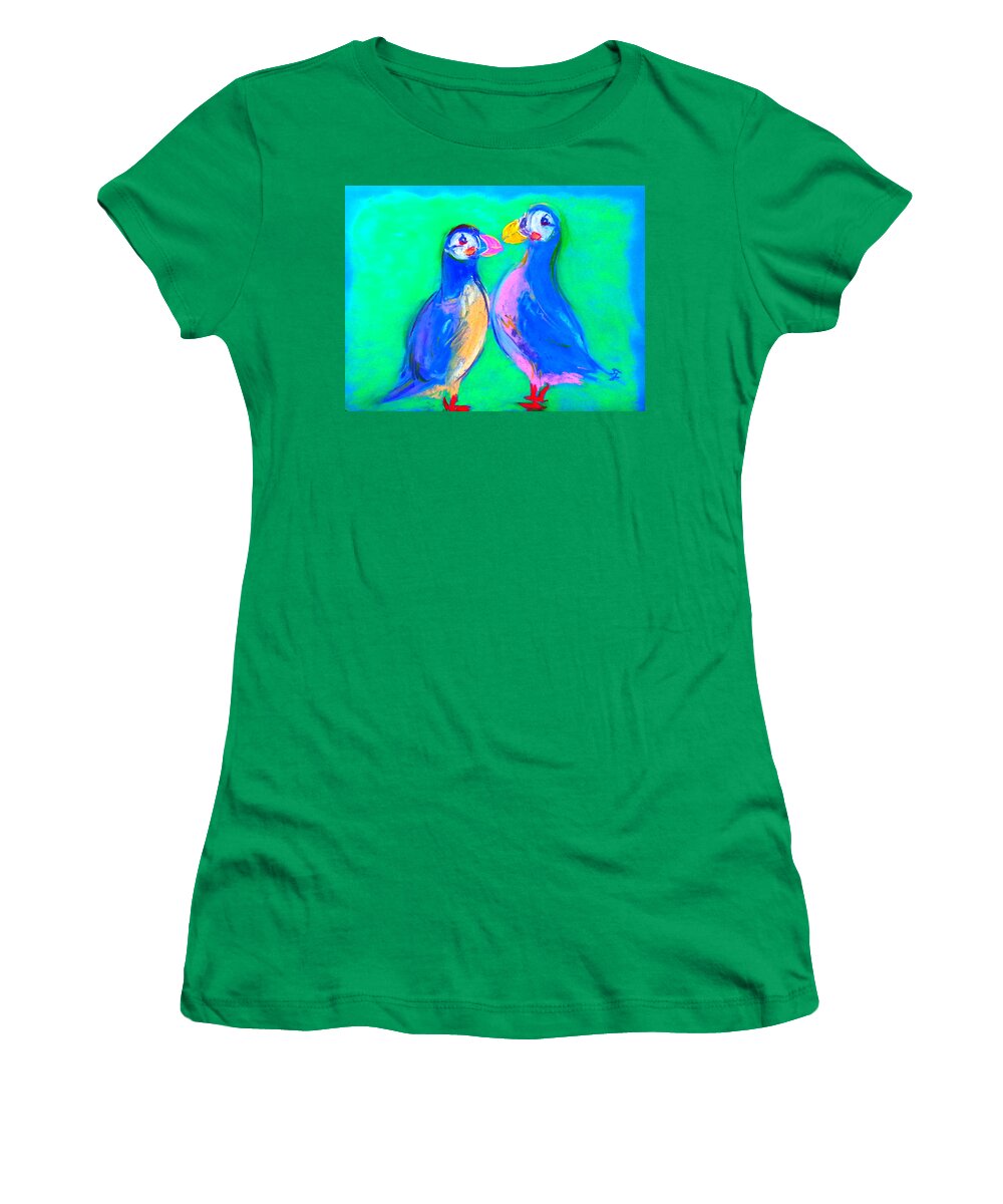 Art Women's T-Shirt featuring the painting Funky Puffins Gossip Session by Sue Jacobi