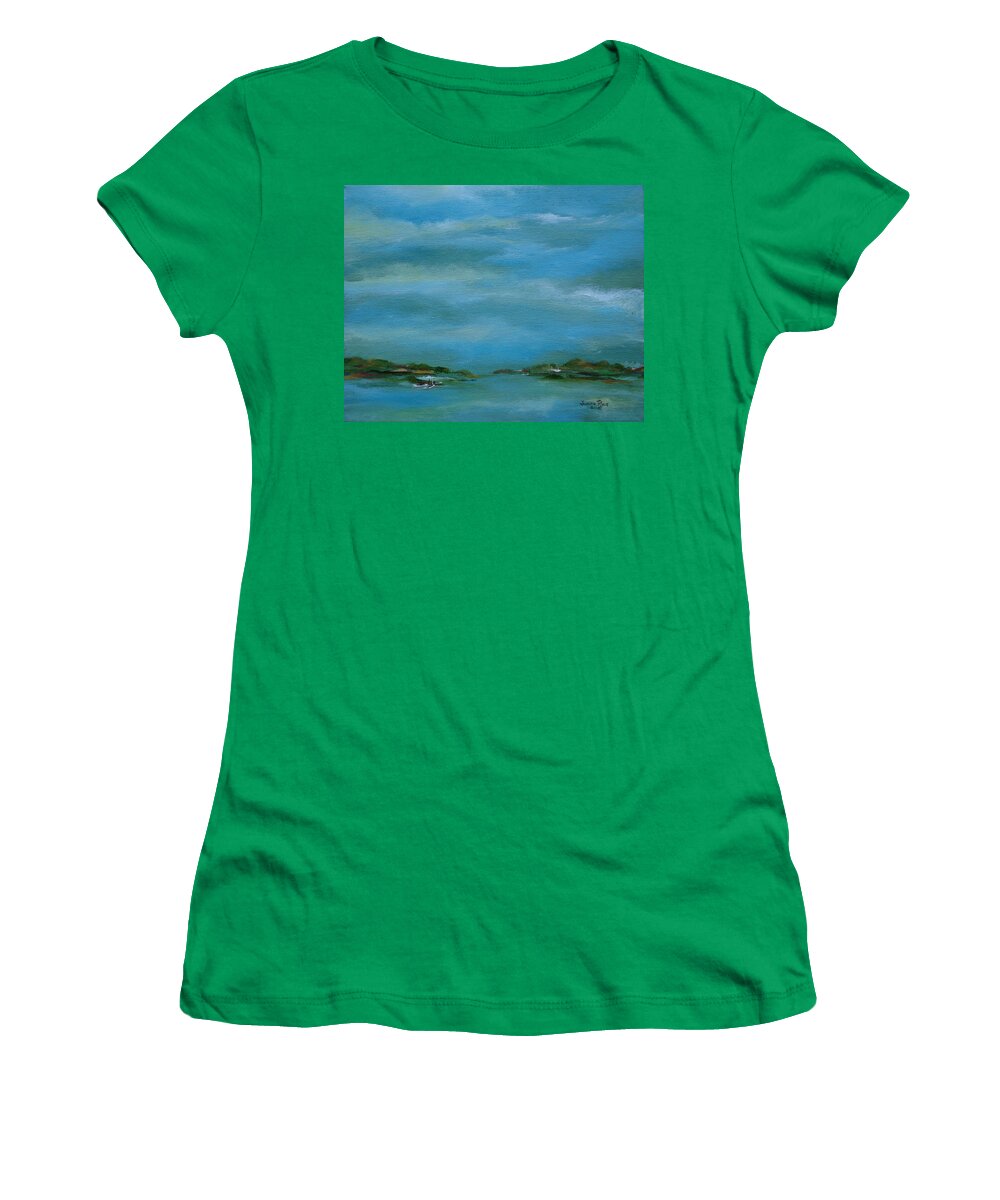 Lake Wallenpaupack Women's T-Shirt featuring the painting Lake Wallenpaupack Early Morning by Judith Rhue