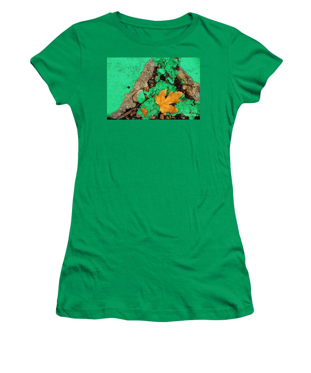 Leaf Women's T-Shirt featuring the photograph Leaf on Green Cement by Amy Cicconi
