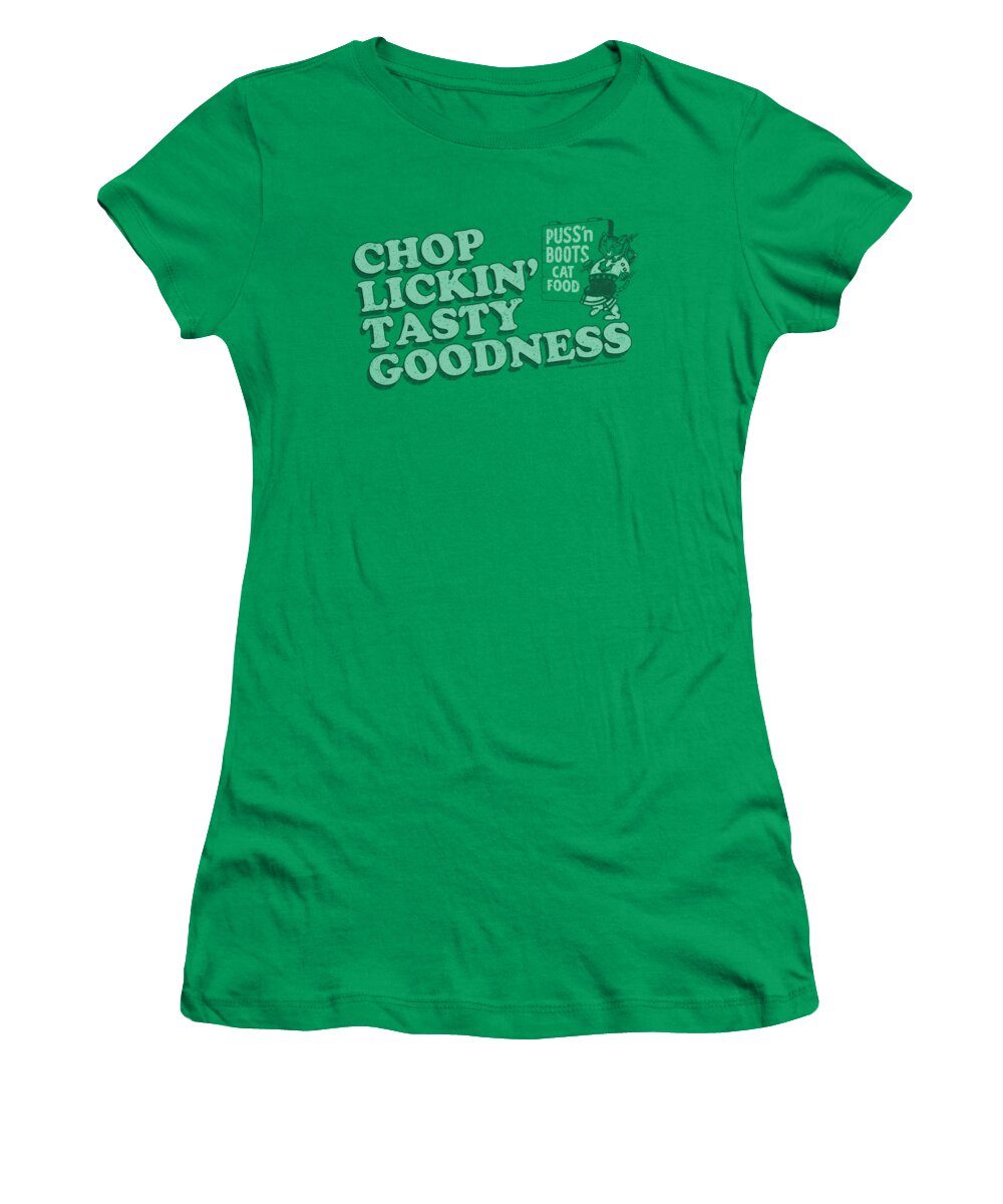 Puss N Boots Women's T-Shirt featuring the digital art Puss N Boots - Chop Lickin Tasty Goodness by Brand A