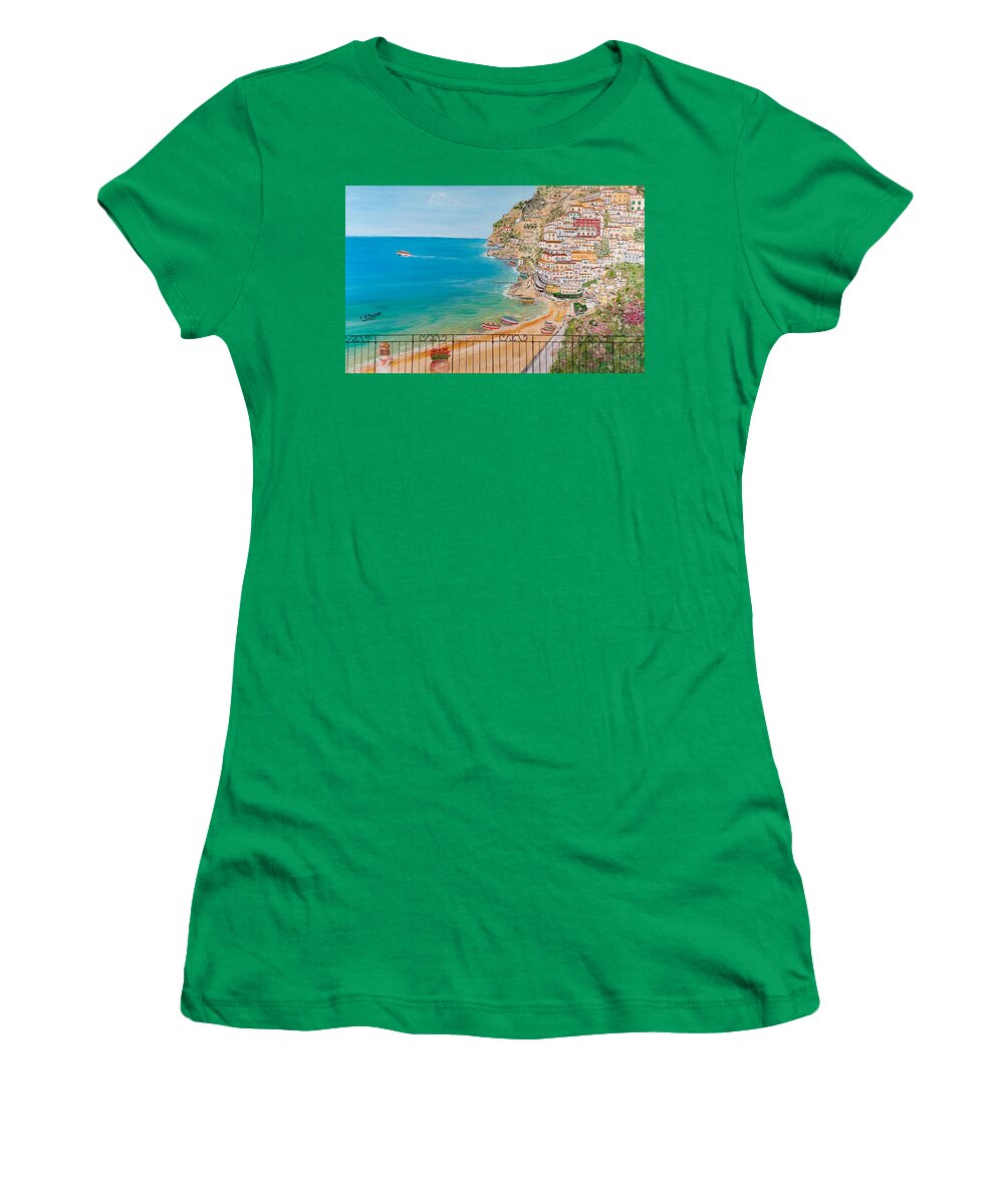 Seascape Women's T-Shirt featuring the painting Vista su Positano by Loredana Messina