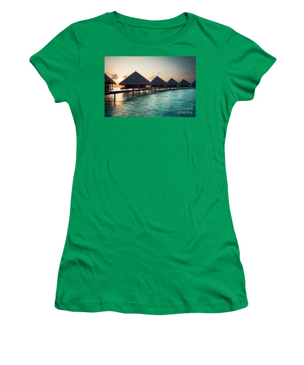 Amazing Women's T-Shirt featuring the photograph Waterbungalows At Sunset by Hannes Cmarits