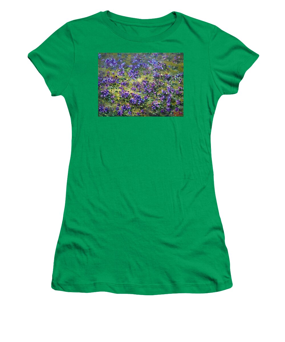 Violets Women's T-Shirt featuring the painting Wild Violets by Ylli Haruni