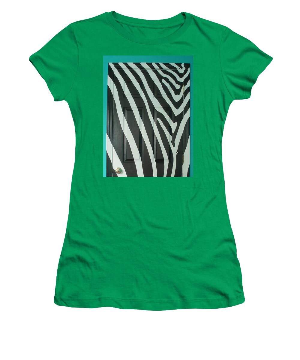 Acrylic Paint On Wood Women's T-Shirt featuring the painting Zebra Stripe Mural - Door Number 1 by Sean Connolly