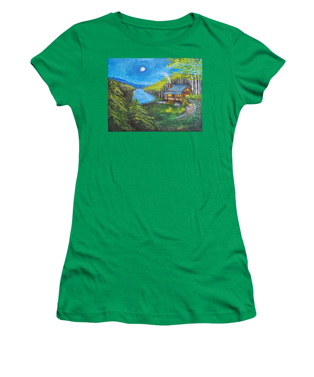 Log Cabin Women's T-Shirt featuring the painting Cozy Cabin by Leslie Allen