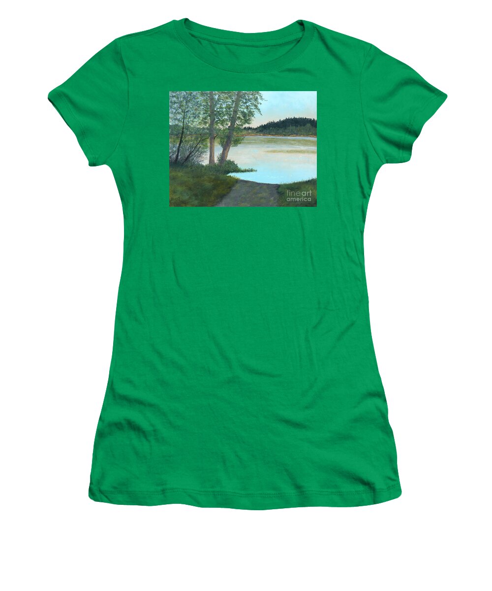 Hummel Lake Women's T-Shirt featuring the pastel Water's Edge at Hummel Lake by Ginny Neece