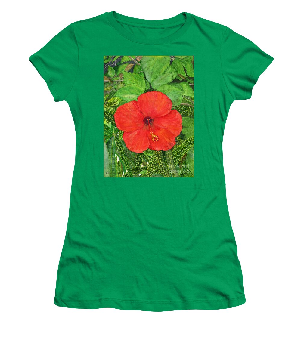 Hibiscus Rosa Women's T-Shirt featuring the painting Balinese Hibiscus Rosa #1 by Melly Terpening