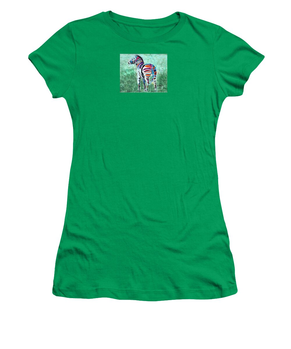 Zebra Women's T-Shirt featuring the painting Colorful Zebra by Anne Sands