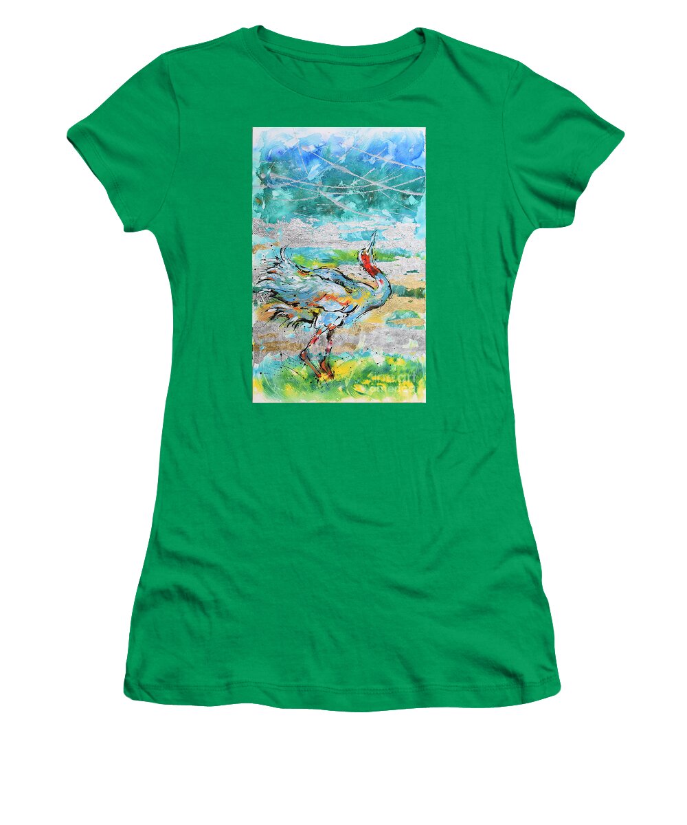 Sarus Cranes In Mating Dance. Birds Women's T-Shirt featuring the painting Dancing Crane 1 by Jyotika Shroff