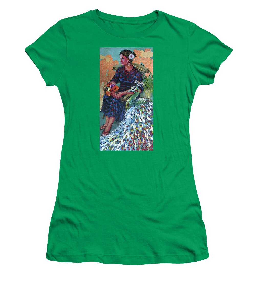 Woman Sitting In Garden Women's T-Shirt featuring the painting Garden Bliss by Jyotika Shroff