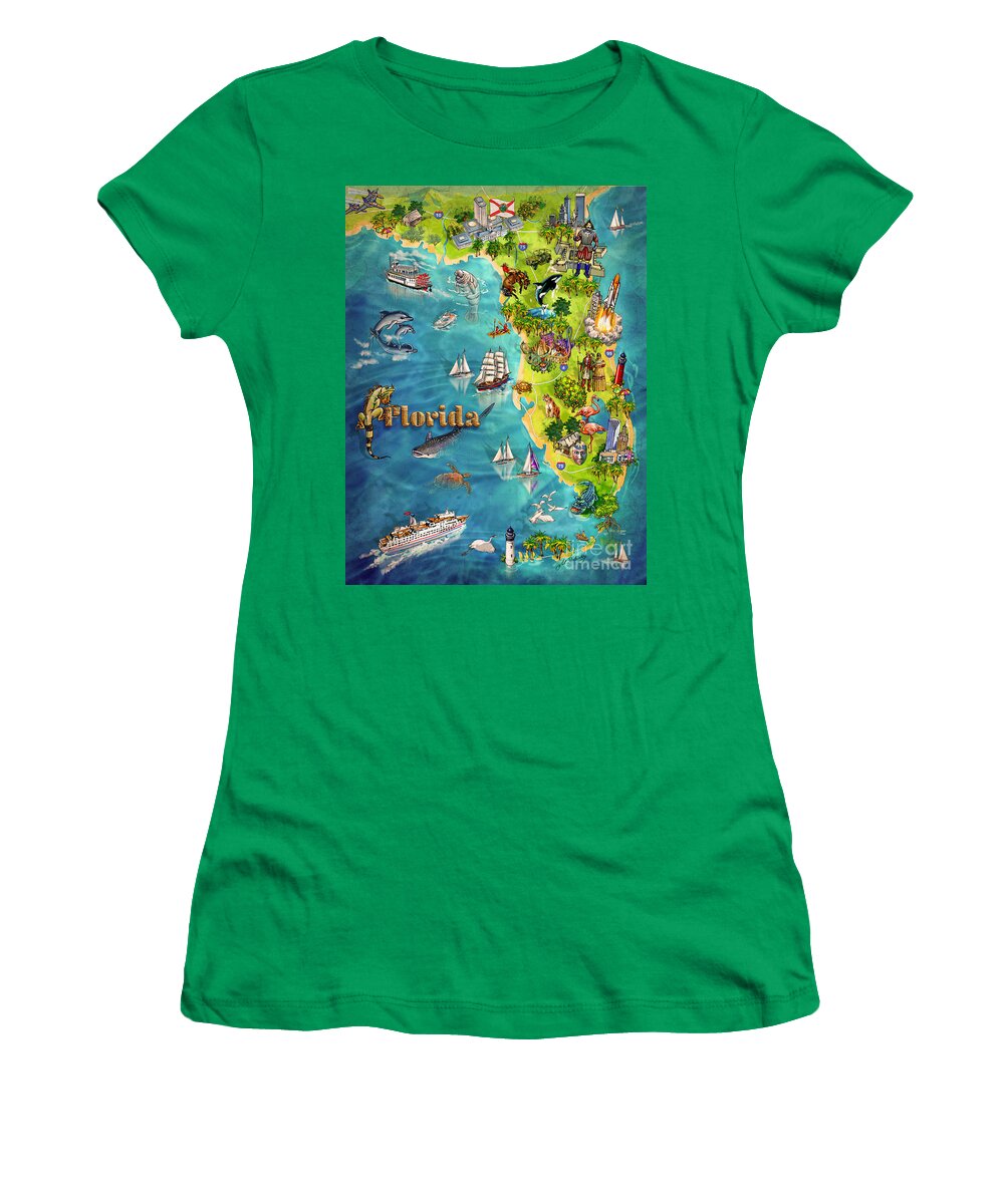 Castillo De San Marcos National Monument Women's T-Shirt featuring the painting Illustrated Map of Florida by Maria Rabinky