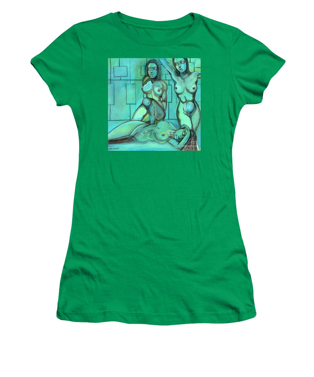 Nude Women's T-Shirt featuring the painting Ladies Blue Night Secret by Luana Sacchetti