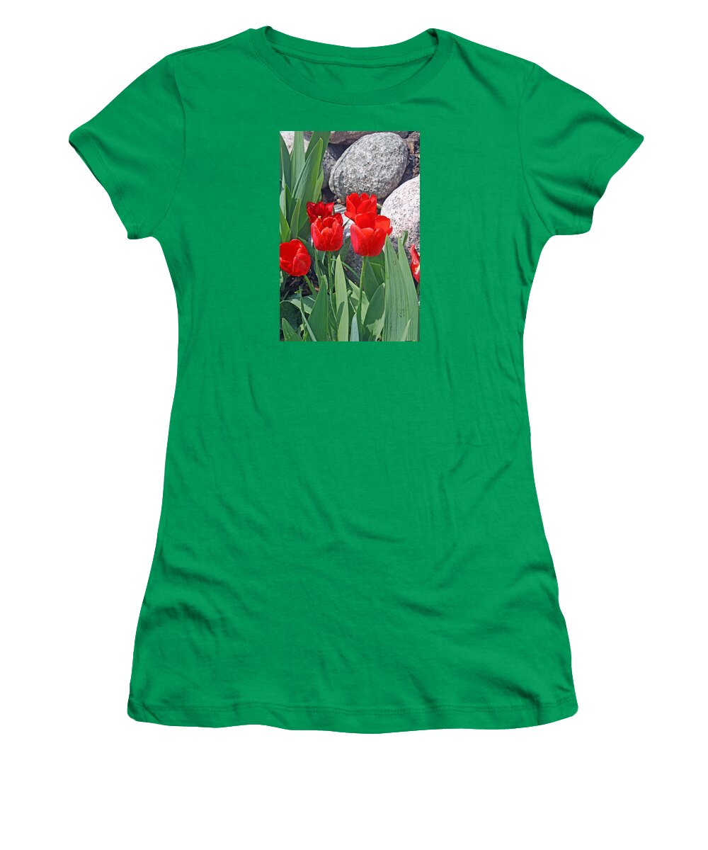 Tulips Women's T-Shirt featuring the photograph Red Tulips On The Rocks by Kay Novy