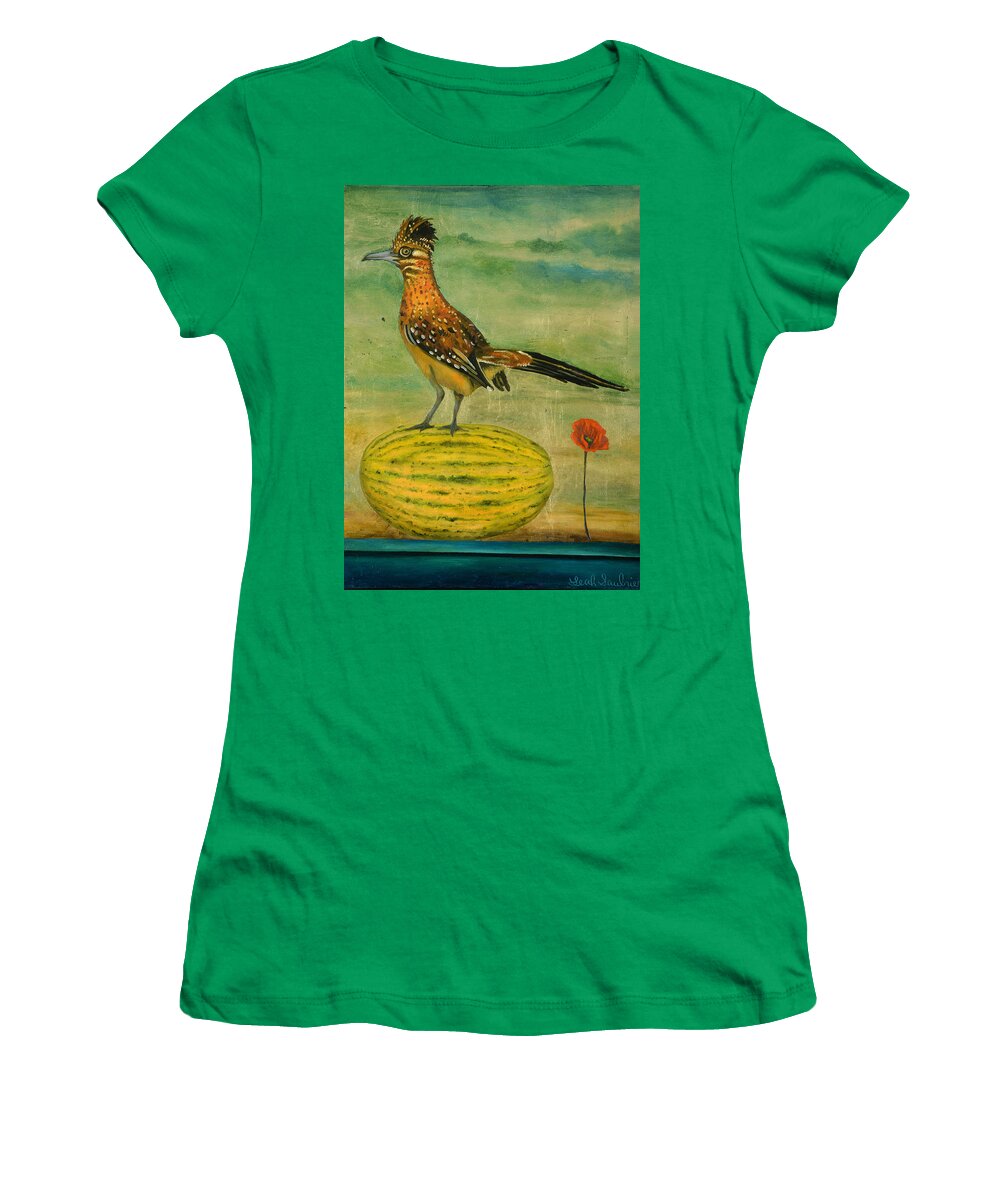 Roadrunner Women's T-Shirt featuring the painting Roadrunner On A Melon by Leah Saulnier The Painting Maniac