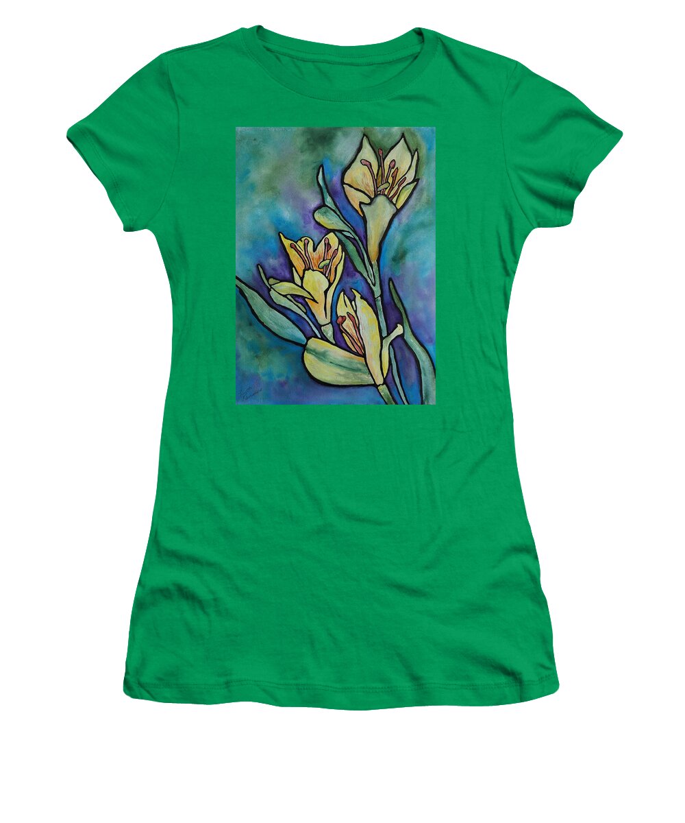 Flowers Women's T-Shirt featuring the painting Stained Glass Flowers by Ruth Kamenev