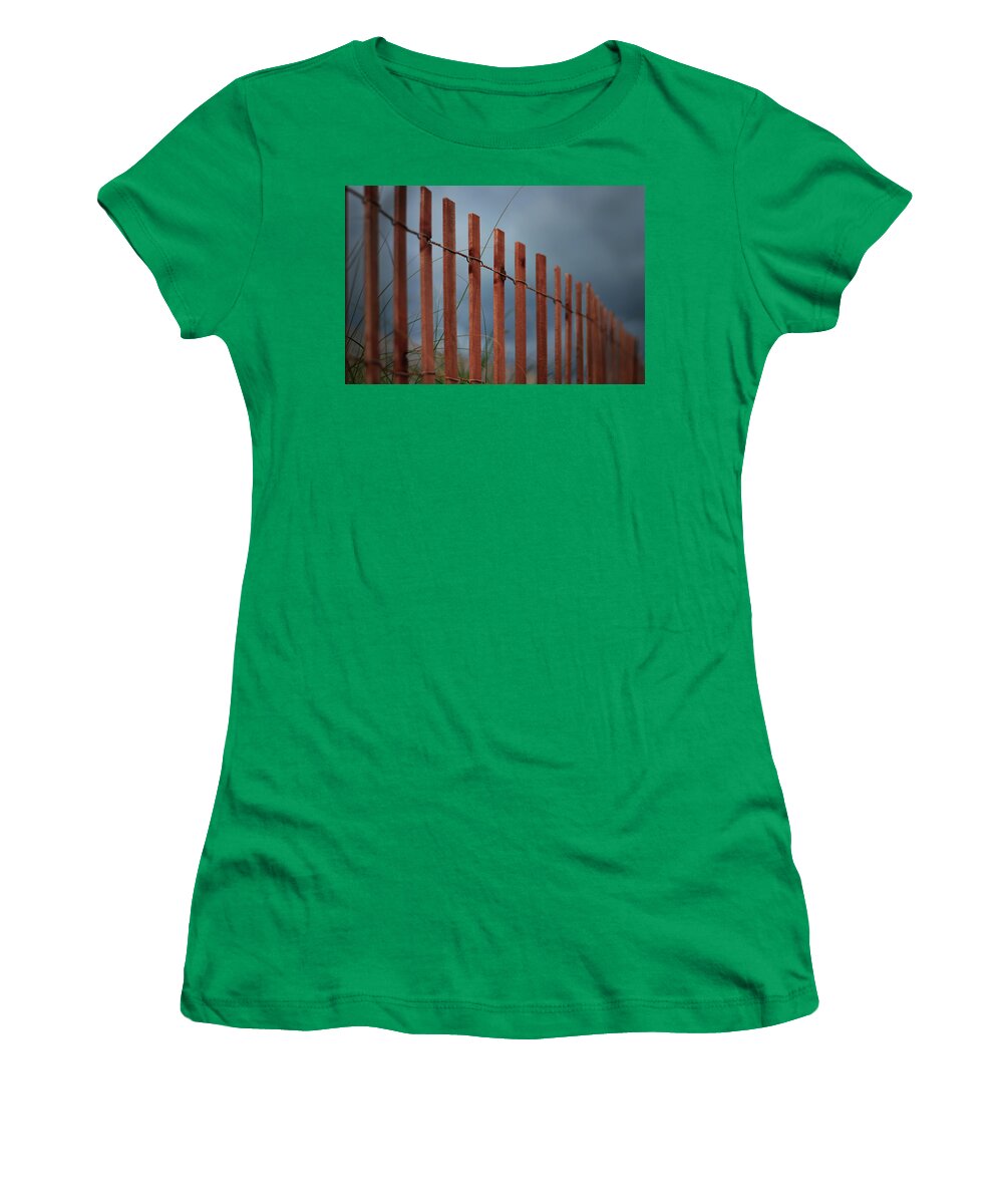 Red Beach Fence Women's T-Shirt featuring the photograph Summer Storm Beach Fence by Laura Fasulo