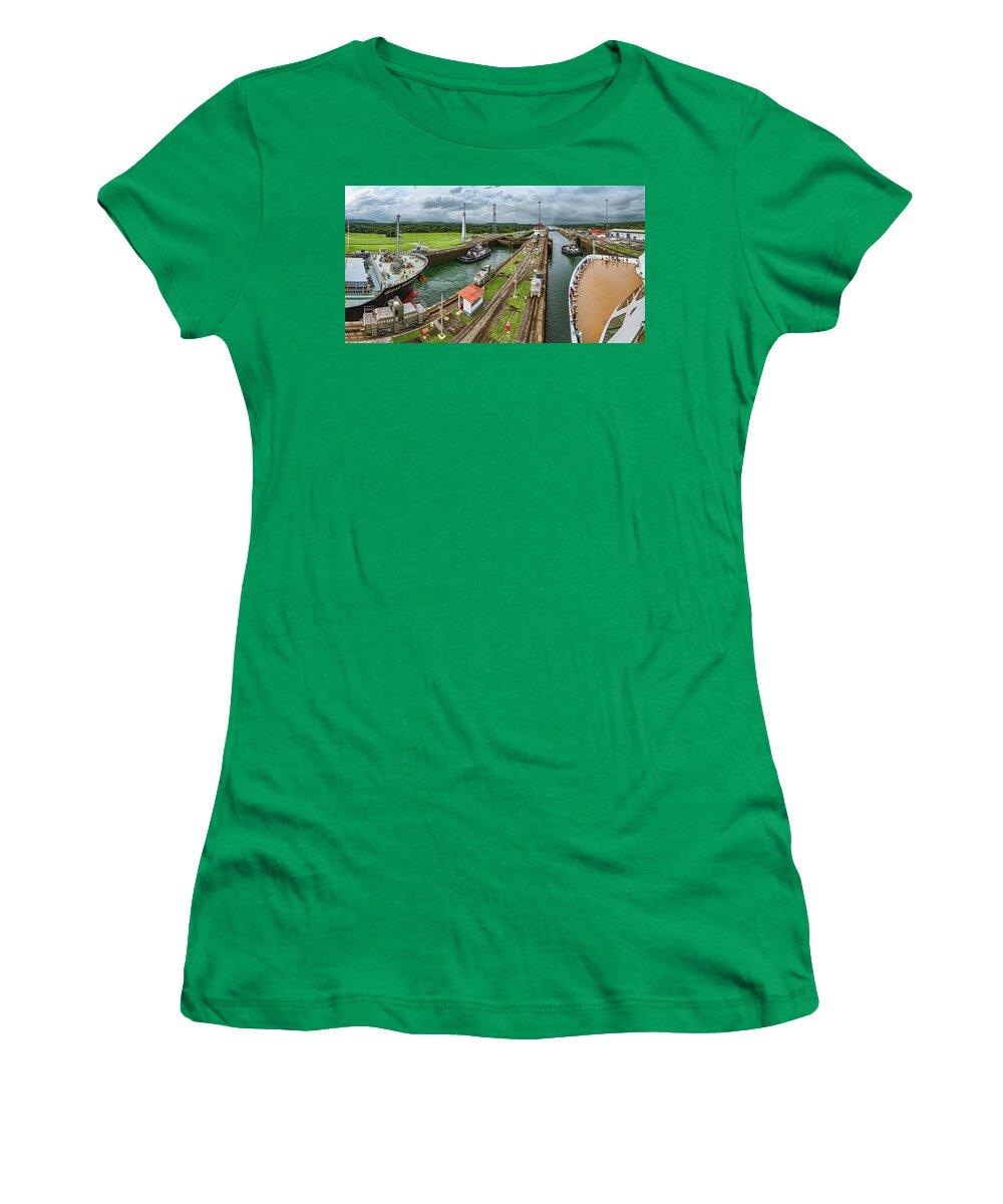 Photography Women's T-Shirt featuring the photograph Boats In A Canal, Panama Canal Locks #1 by Panoramic Images