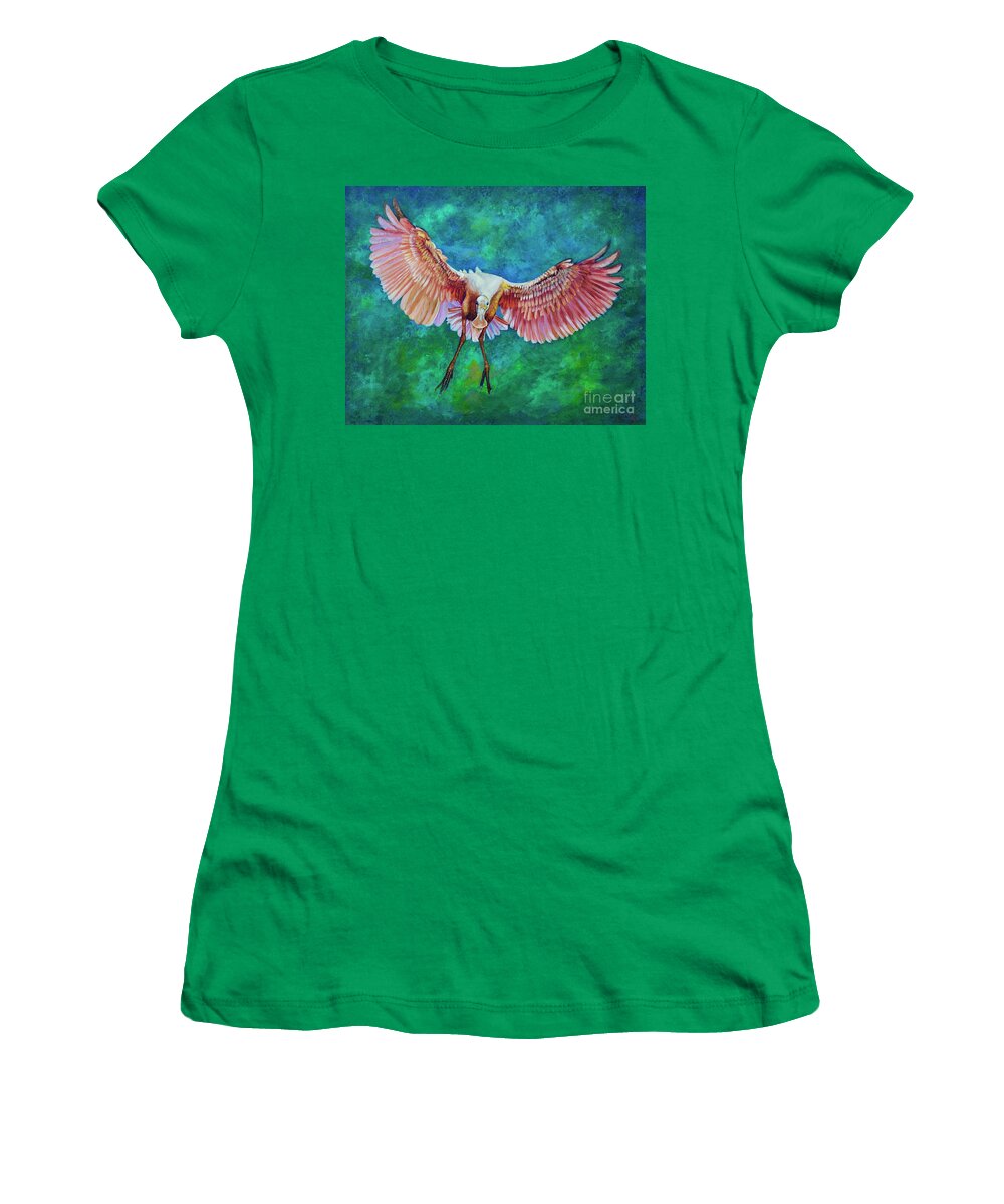 Roseate Spoonbill Women's T-Shirt featuring the painting Fledgling FLight by AnnaJo Vahle