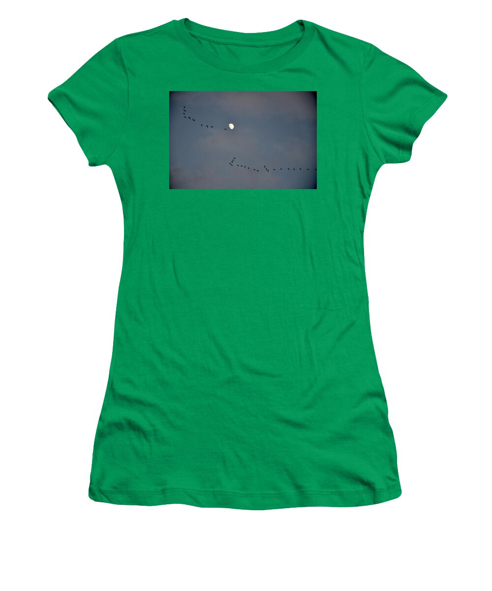 Geese Women's T-Shirt featuring the photograph Geese Flock and Moon by Chance Kafka