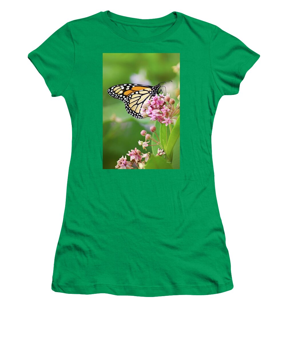 Monarch Butterfly Women's T-Shirt featuring the photograph Monarch Butterfly and Milkweed Flowers by Christina Rollo