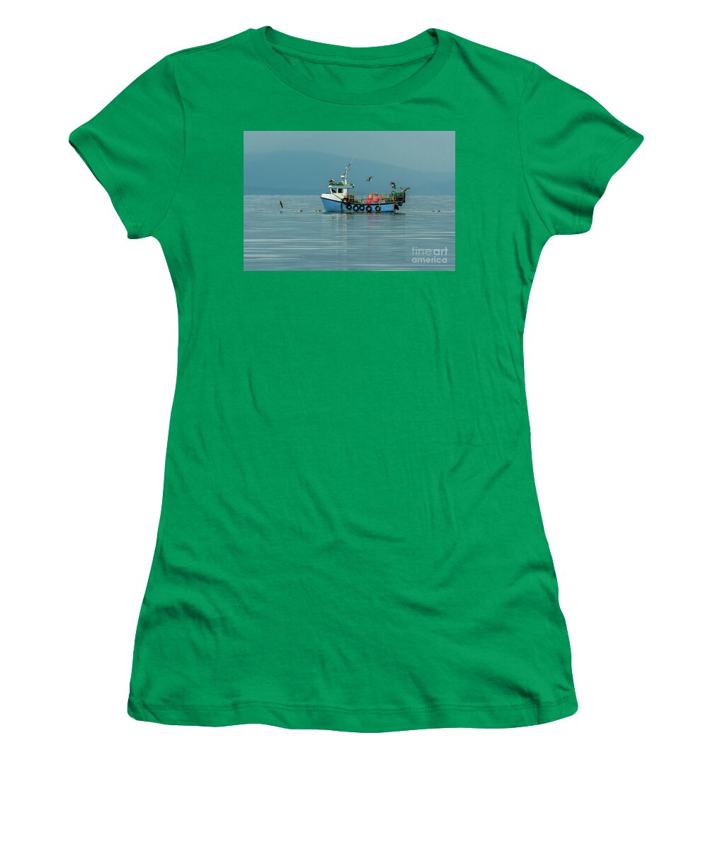Animal Women's T-Shirt featuring the photograph Small Fishing Boat With Lobster Pods And Seagulls On Calm Atlantic In Front Of The Hebride Islands by Andreas Berthold