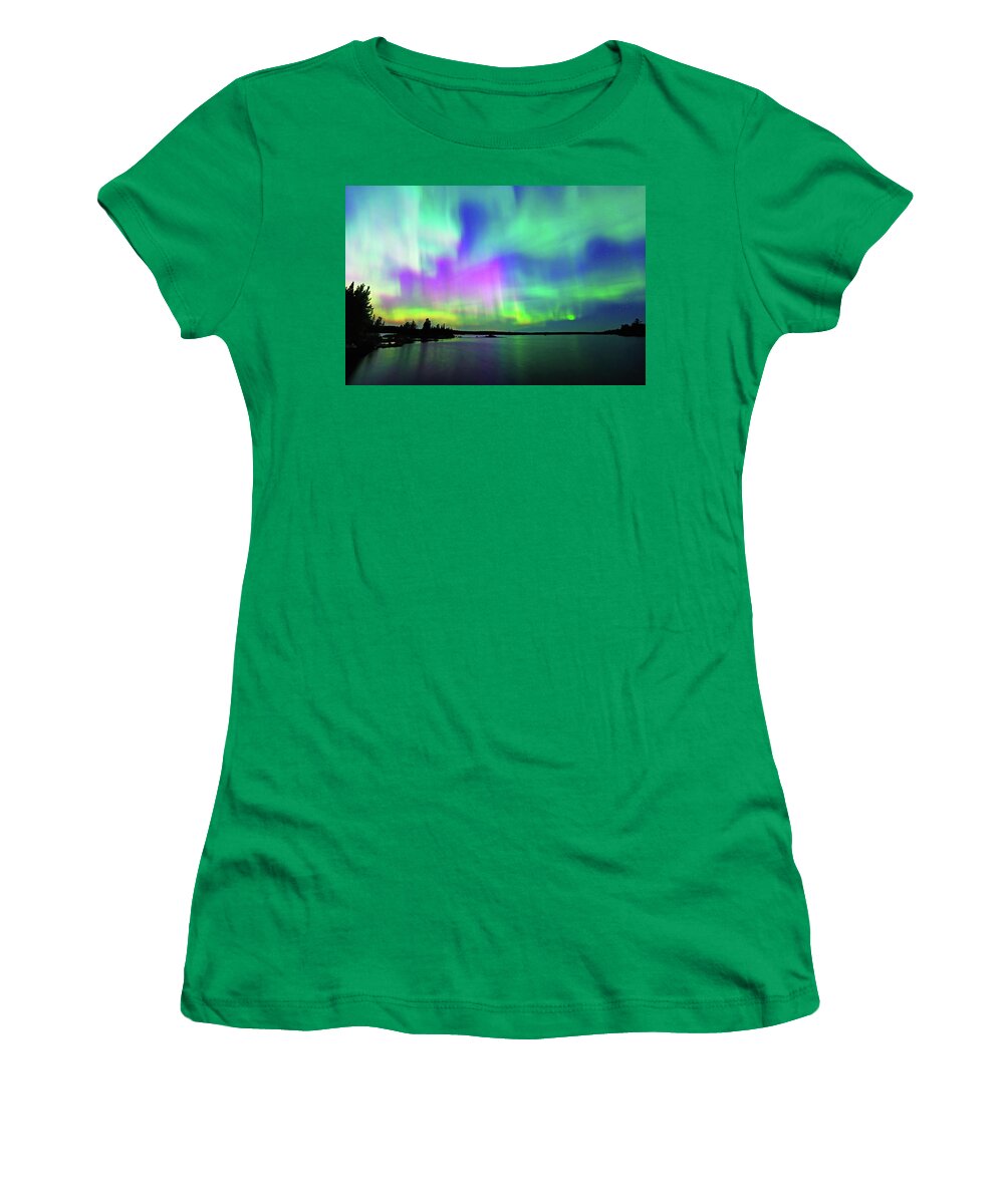 Northern Lights Women's T-Shirt featuring the photograph Northern Lights over Boulder Lake #3 by Shixing Wen
