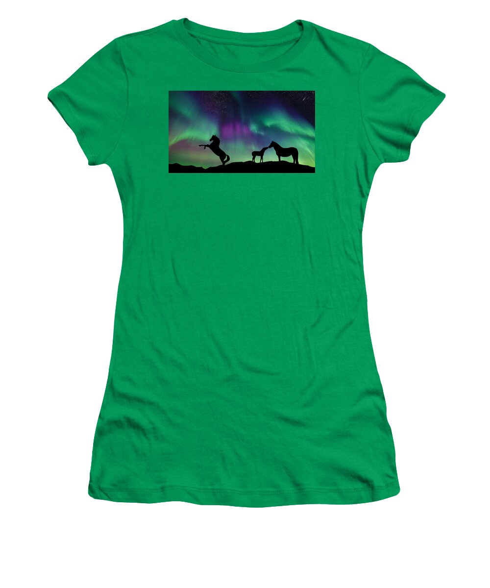 Picture Women's T-Shirt featuring the digital art Aurora Horses by Larah McElroy