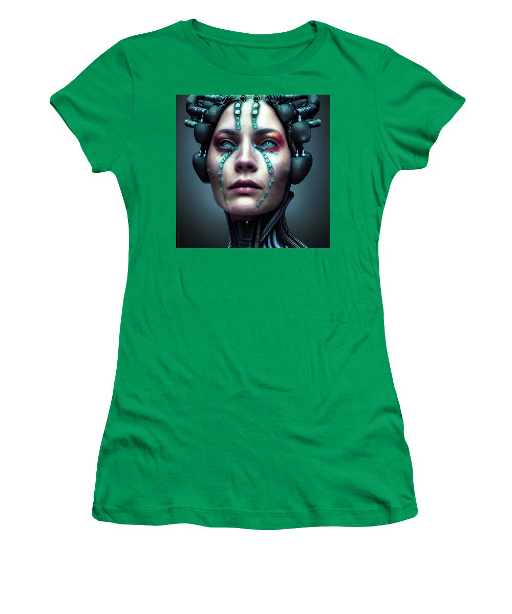 Biopunk Women's T-Shirt featuring the digital art Biopunk Woman Portrait 01 by Matthias Hauser