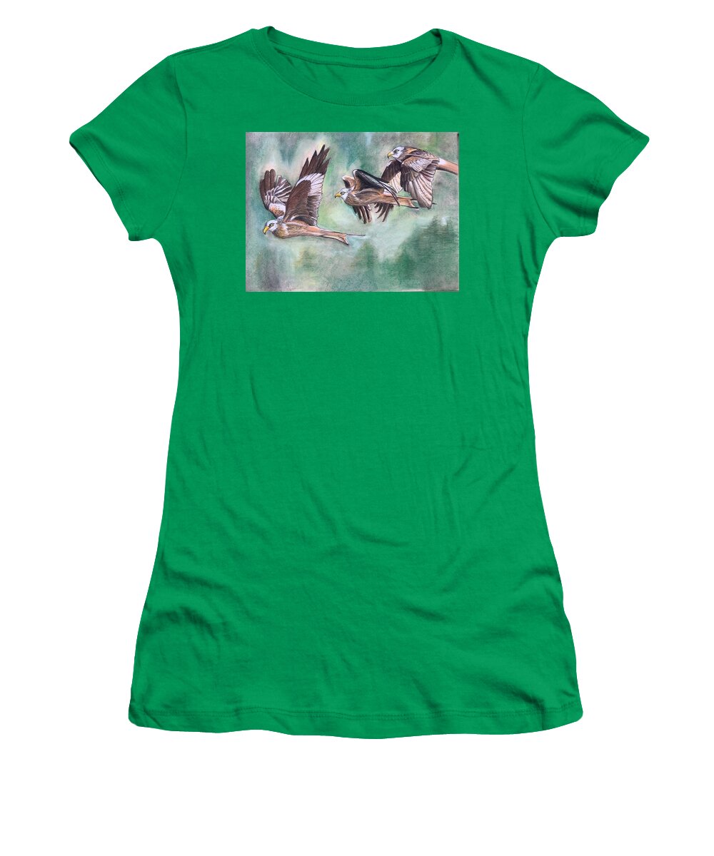 Hawk Women's T-Shirt featuring the pastel Bird in flight by Teresa Smith