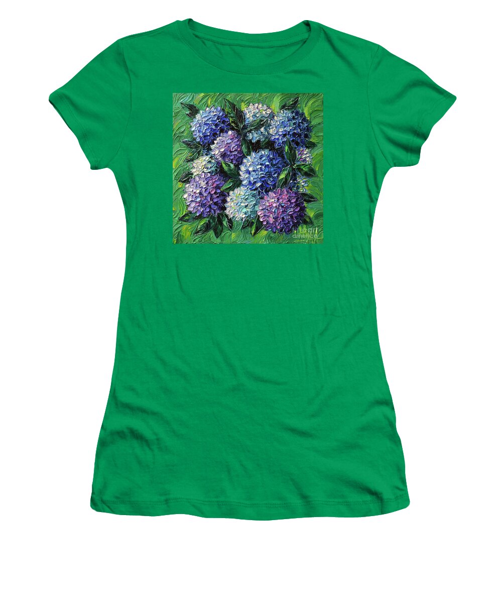 Hydrangeas Women's T-Shirt featuring the painting Blue And Purple Hydrangeas by Mona Edulesco