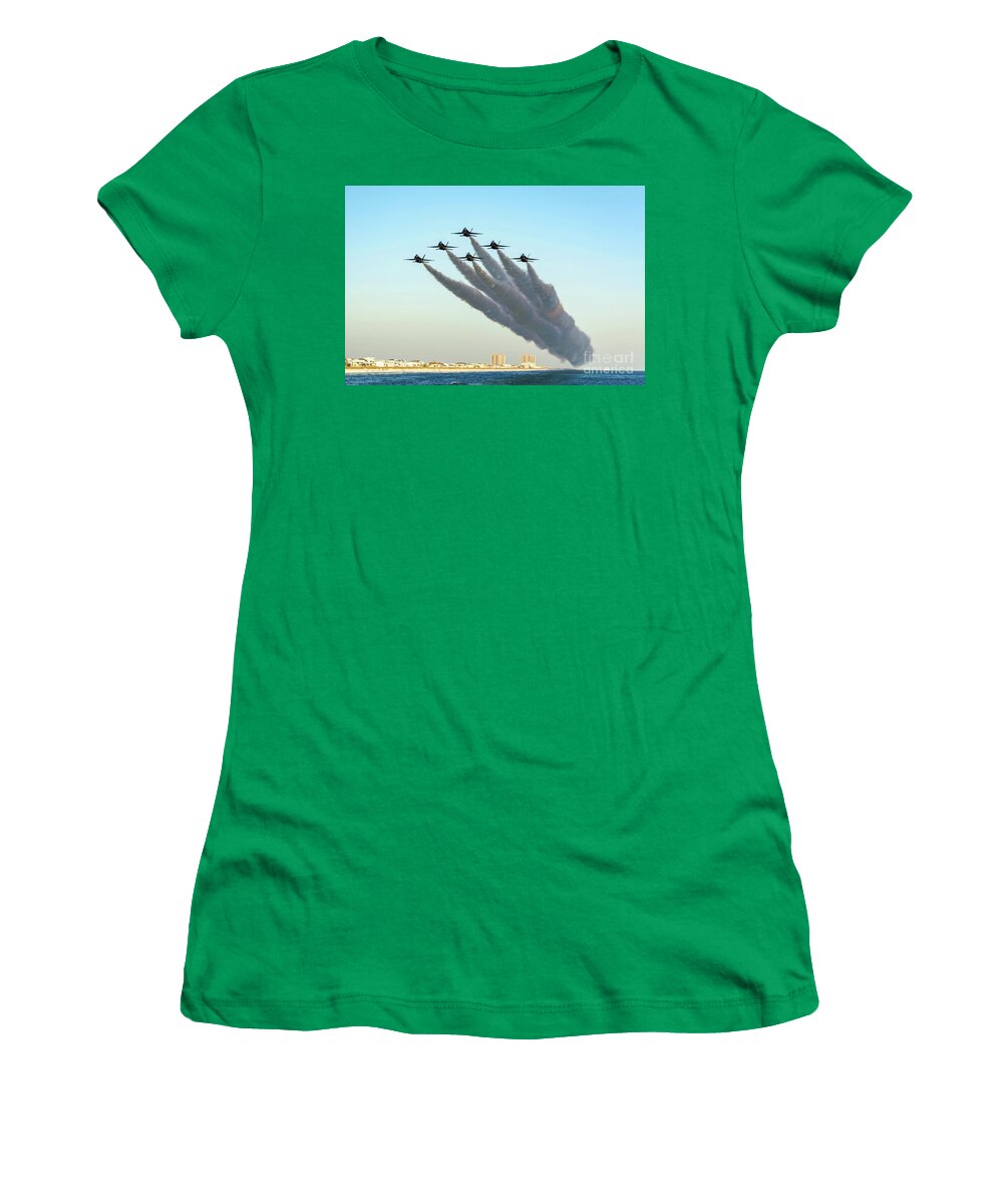 Blue Angels Women's T-Shirt featuring the photograph Blue Angels over Pensacola Beach, Florida by Beachtown Views