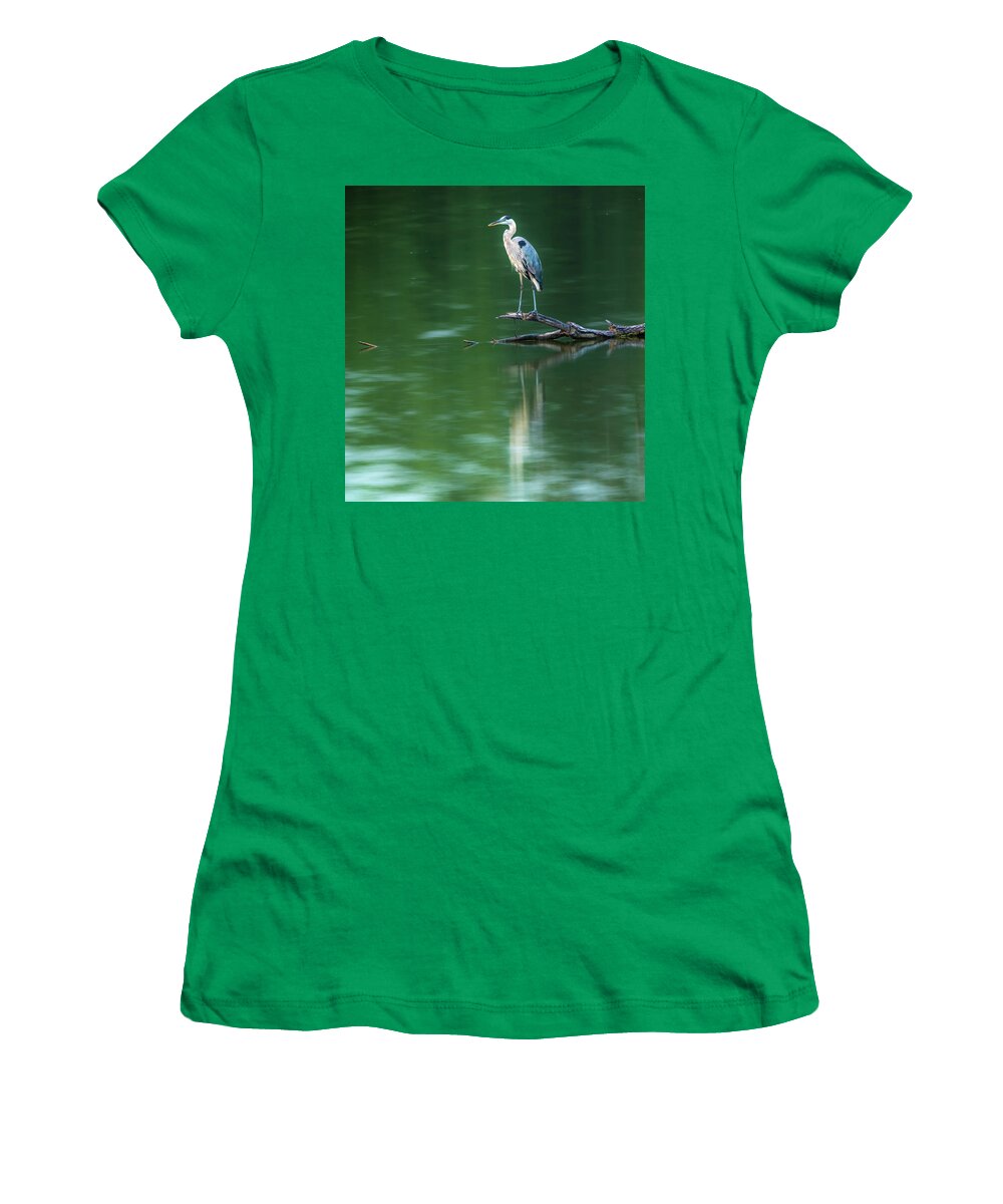 Blue Heron Reflection Women's T-Shirt featuring the photograph Blue Heron Reflection by Dan Sproul