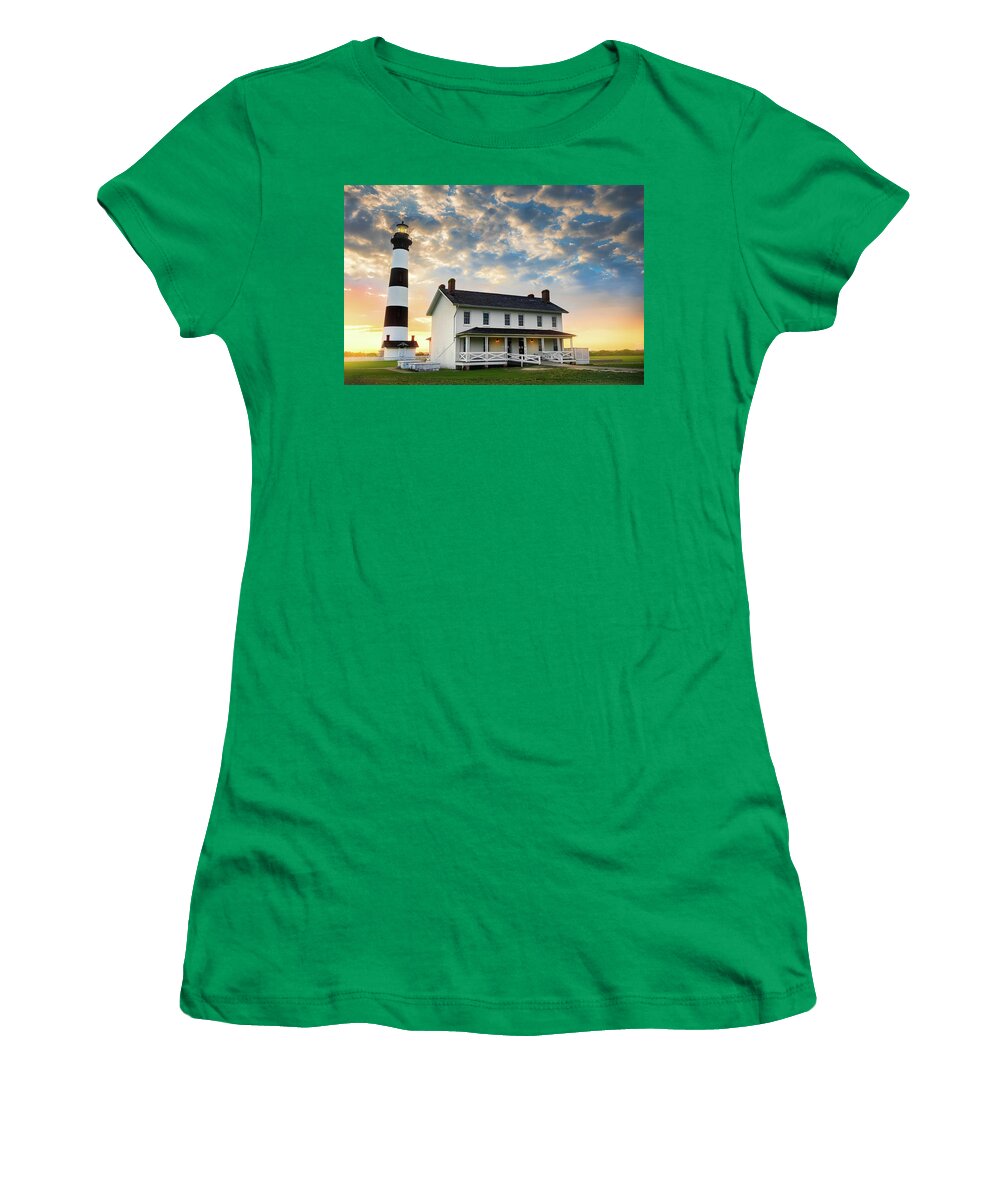 Bodie Island Lighthouse Women's T-Shirt featuring the photograph Bodie Island Lighthouse Amazing Sunrise OBX Outer Banks NC by Jordan Hill