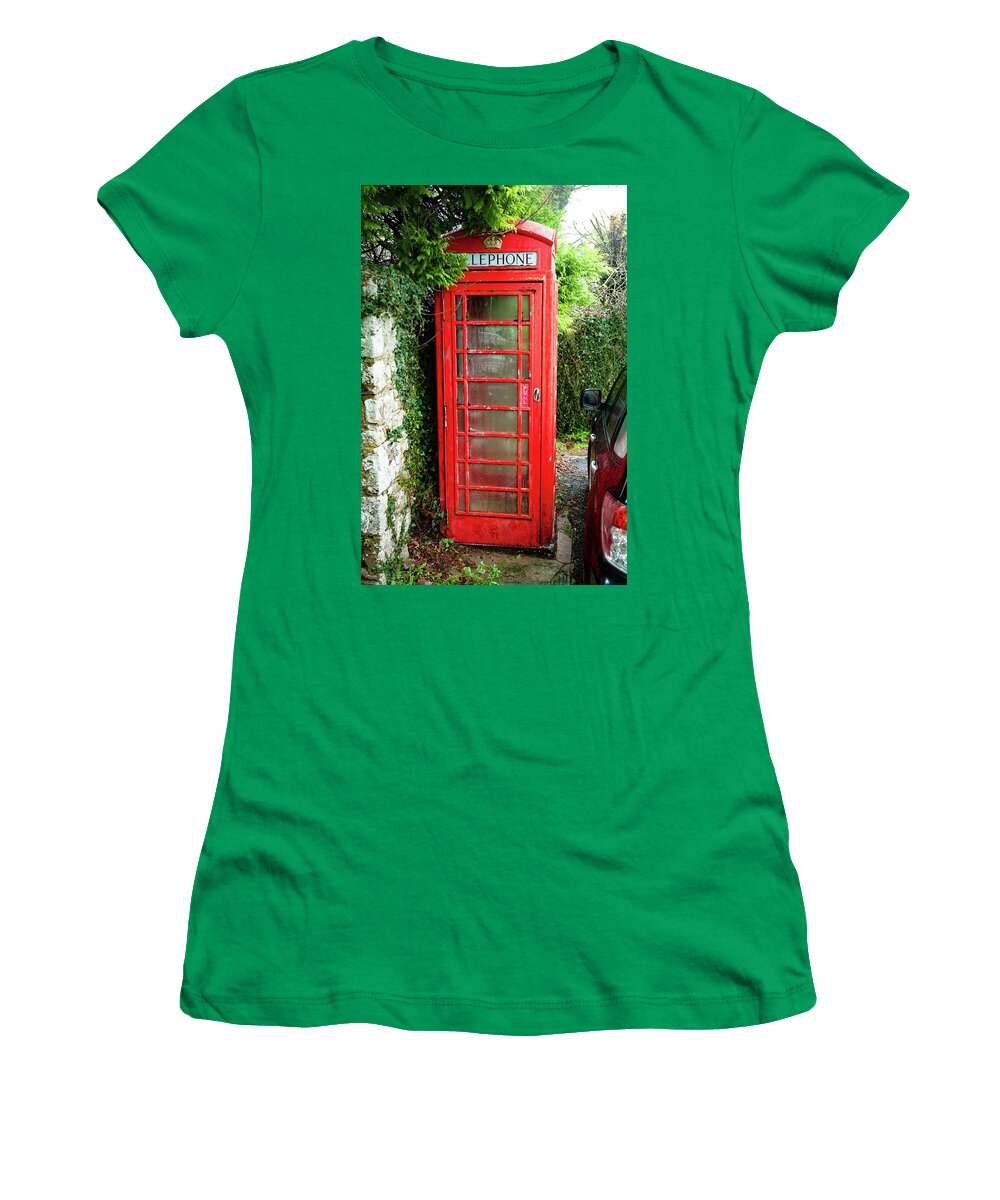 Buckland In The Moor Red Telephone Box Dartmoor Women's T-Shirt featuring the photograph Buckland in the Moor Red Telephone Box Dartmoor by Helen Jackson