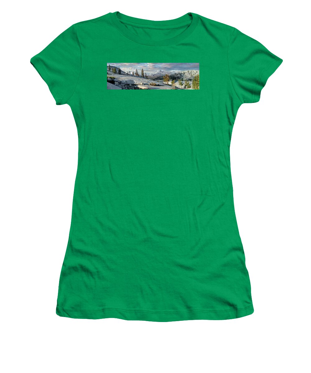 California Women's T-Shirt featuring the photograph California Mountains Tioga Pass Rocky Paradise panorama by Dan Carmichael