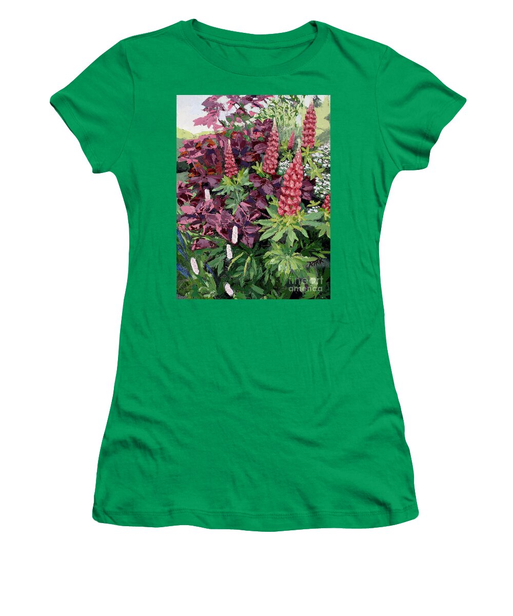 Oil Painting Women's T-Shirt featuring the painting Cawdor Castle Lupins, 2015 by PJ Kirk